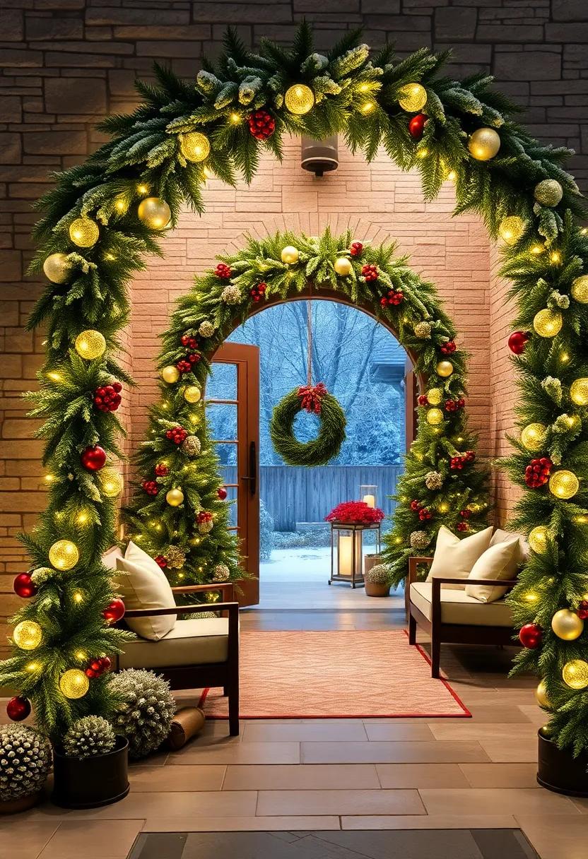 Twinkling Fairy Lights Draped Along a Front Yard Arch, Casting a Magical Glow on Snow-Dusted Pinecones and Berries