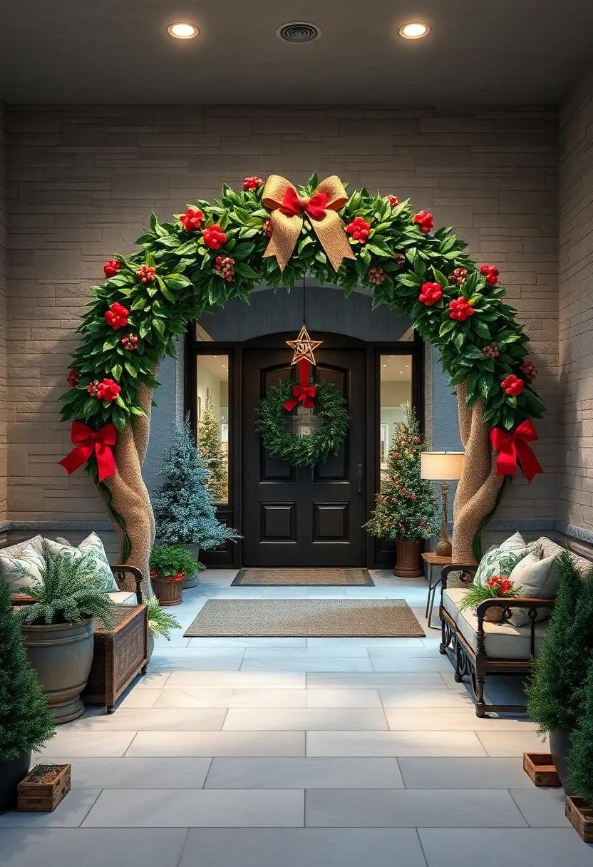 Frost-Kissed Holly Leaves Intertwined With Rustic Burlap Accents Around a Charming Front Entrance Wreath Arch