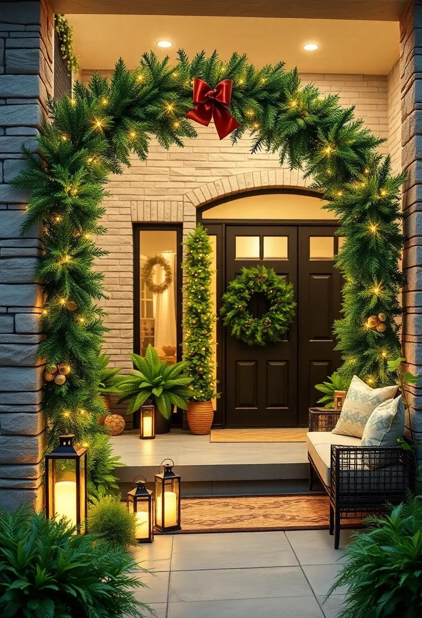 Soft Glowing Lanterns Nestled Among Vibrant Green Natural Foliage, Enhancing a Front Entryway's Festive Ambiance