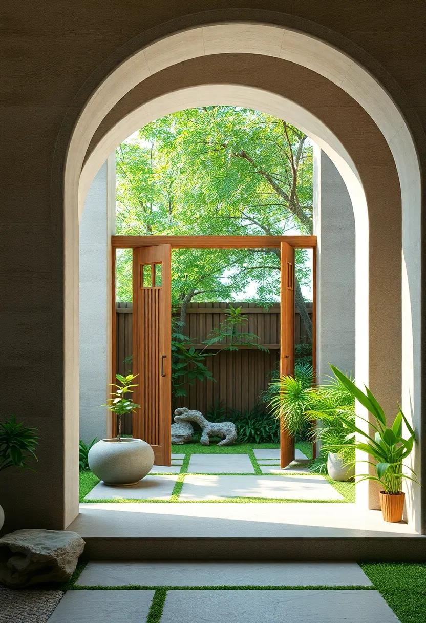 Gateway Archways Embracing Serenity with Natural Wood and Bamboo Textures Surrounded by Lush Greenery