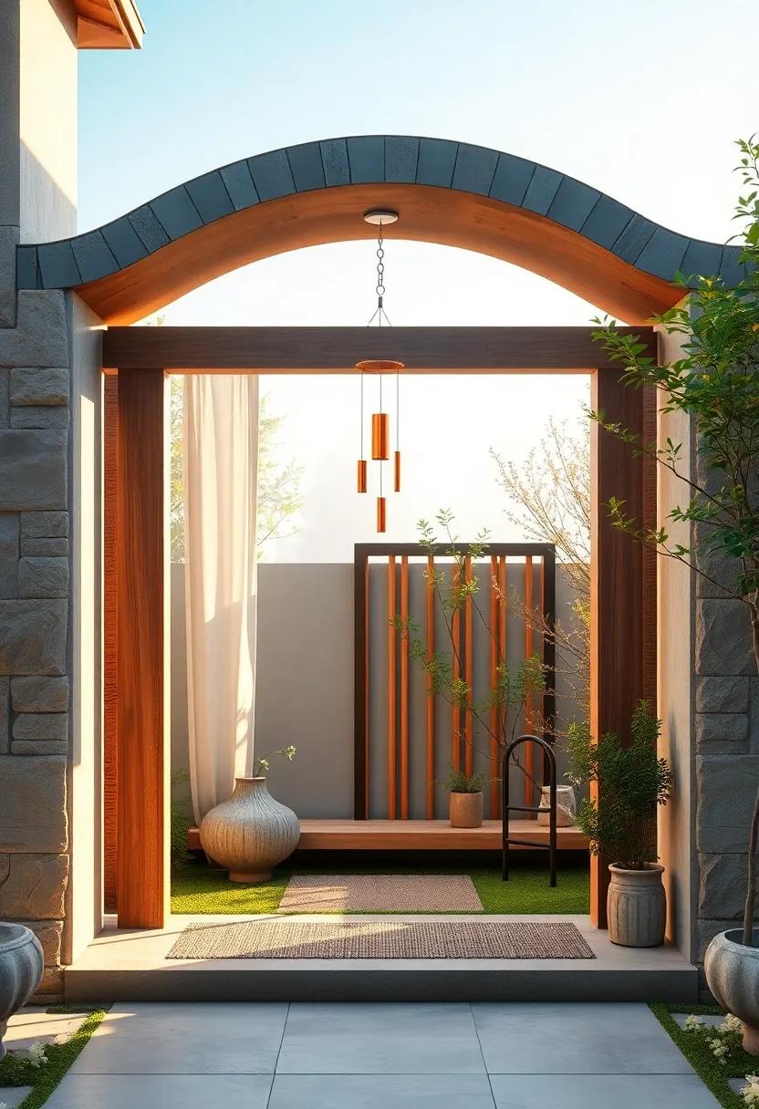 Soft Wind Chimes Hanging from a Gate Arch Silenced in an Early Morning Mist Garden Setting