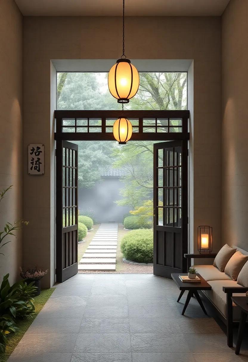 Delicate Lanterns Hanging from a Traditional Japanese Gate Illuminating a Misty Morning Garden Path