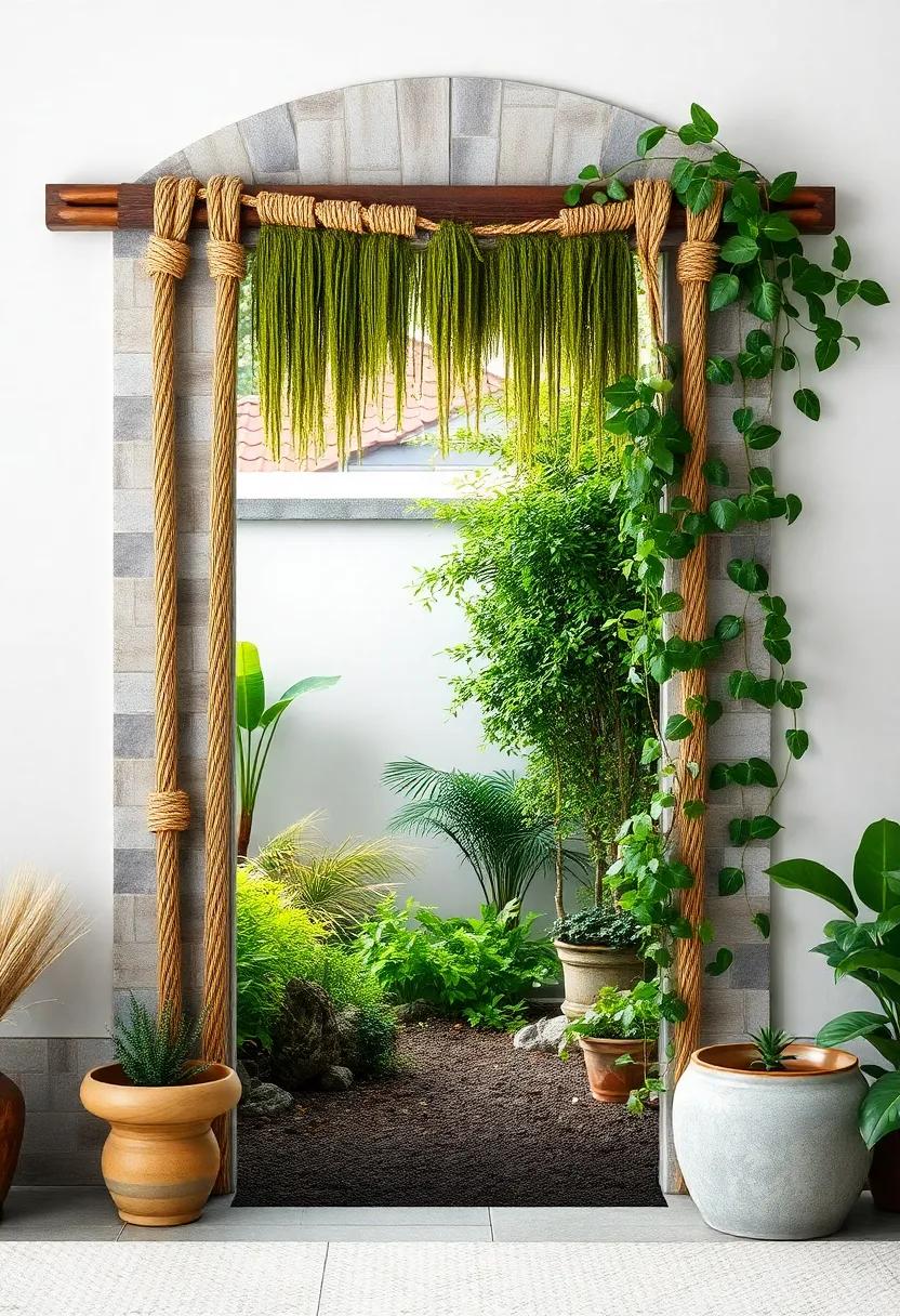 Rustic Rope Tied Gate Frame with Hanging Moss and Climbing Ivy for a Hidden Garden Sanctuary Look