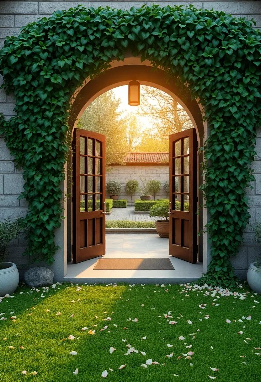 Gate Arch Covered in Ivy Vines During Golden Hour With Soft Petals on the Ground Revealing Peace