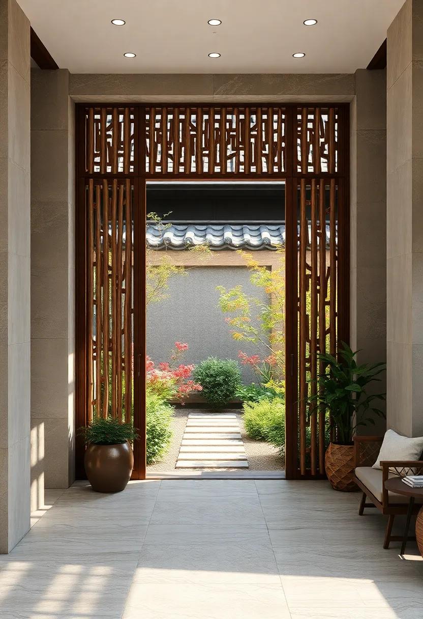 Carved Bamboo Slats Forming an Openwork Gate Surrounded by Seasonal Flowering Shrubs