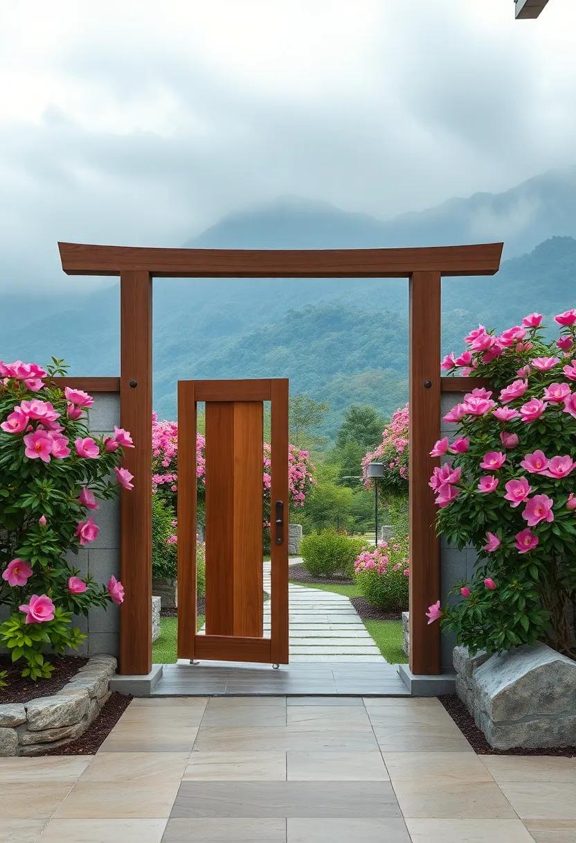 Low Wooden Gates Nested Amongst Azalea Bushes in Full Bloom with a Misty Mountain Backdrop
