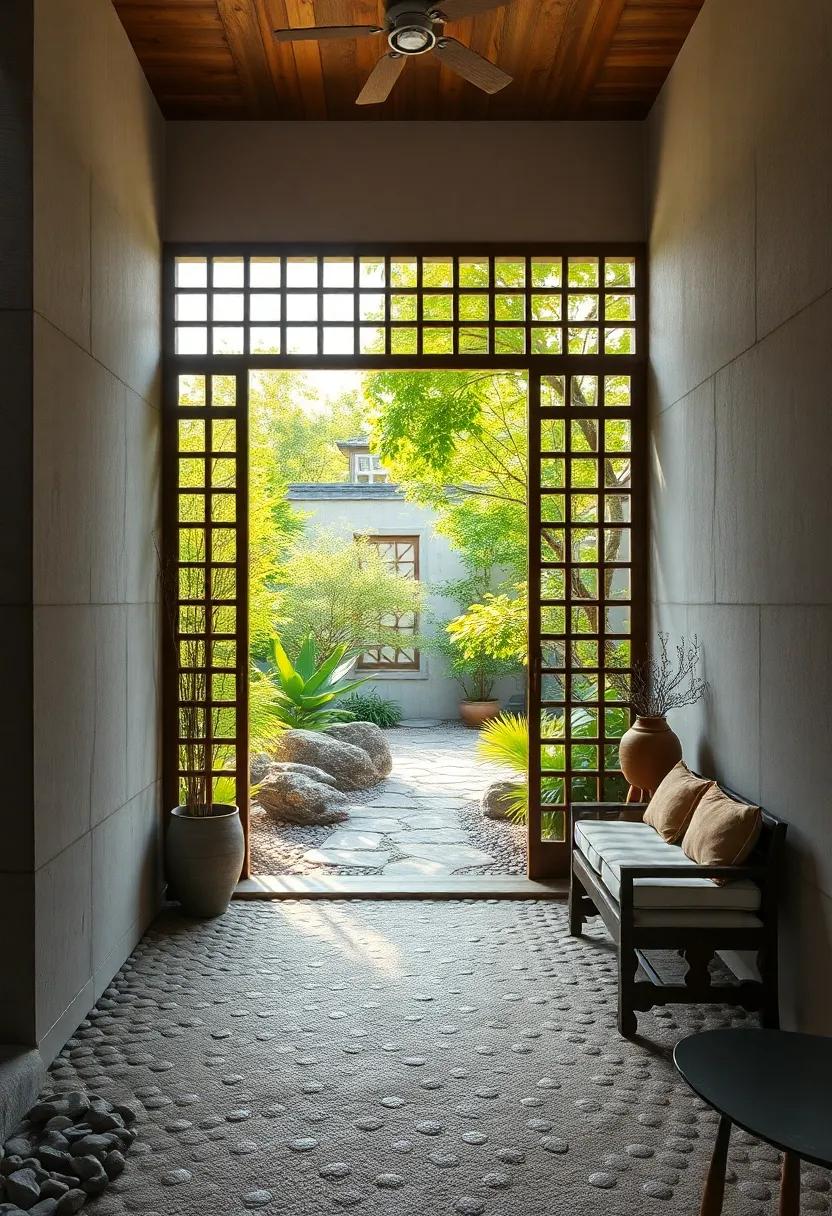 Sunlight Filtering Through Latticed Gate Beams onto Smooth Pebble Walkway Whispering Calmness