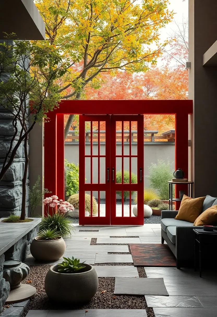 A Curved Roof Gate Embodying Wabi-Sabi Aesthetic with Weathered Tiles and Gentle Moss Accents