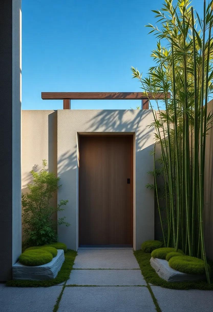 A Minimalist Gate Framed by Tall Bamboo Stalks and Soft Moss Under a Clear Blue Sky