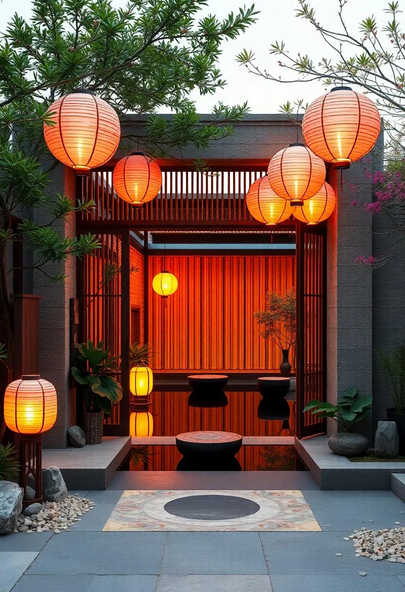 Soft Paper Lanterns Casting Warm Light on a Bamboo-Laced Gateway Set Against Tranquil Water Features
