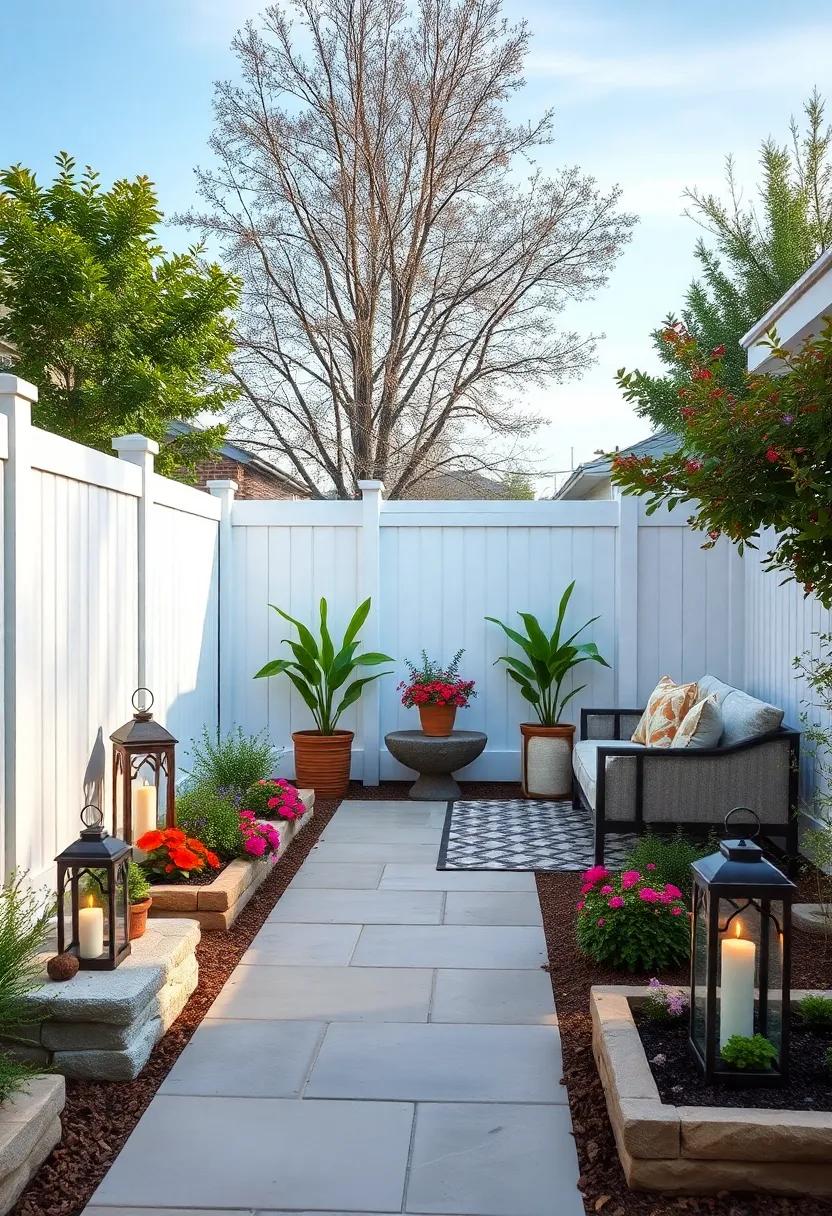 Classic White Vinyl Privacy Fences Emphasized by Symmetrical Flower Beds and Decorative Garden Lanterns