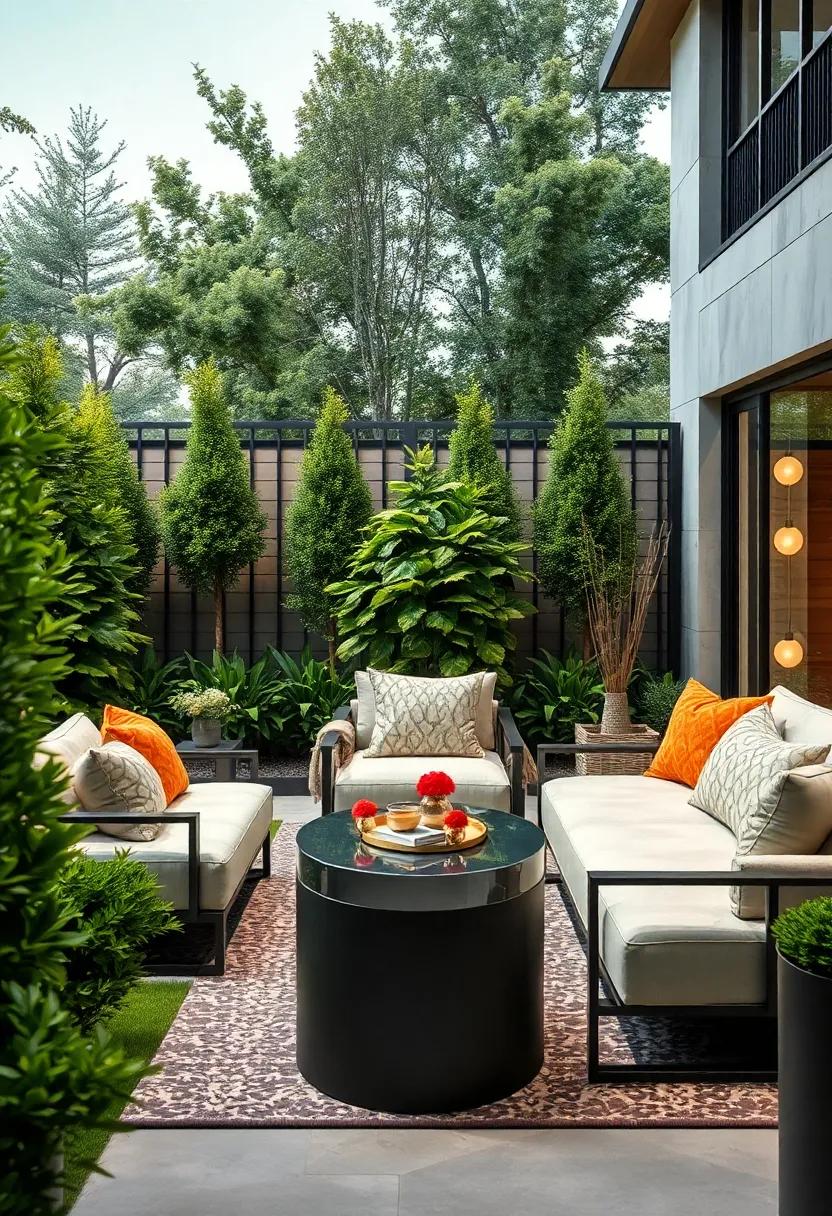 Geometric Metal Privacy Fences Backdropped by Lush Evergreen Shrubs Enhancing Contemporary Front Gardens