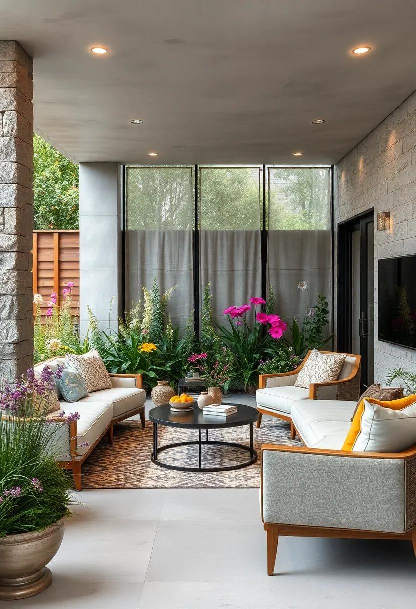 Modern Horizontal Slat Privacy Fences With Integrated Planter Boxes Overflowing With Greenery and Blooms