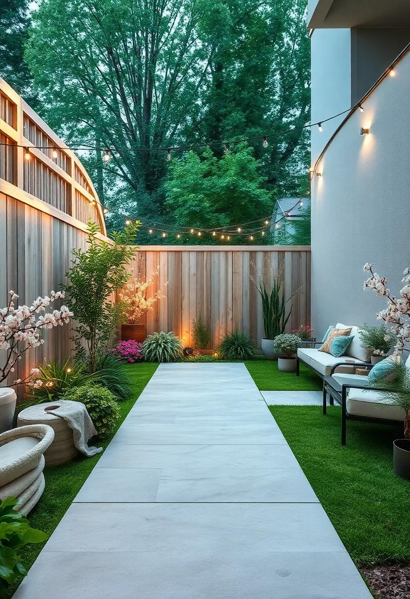 Softly Curved Privacy Fences Paired With Twinkling String Lights Swirling Among Delicate Springtime Blooms