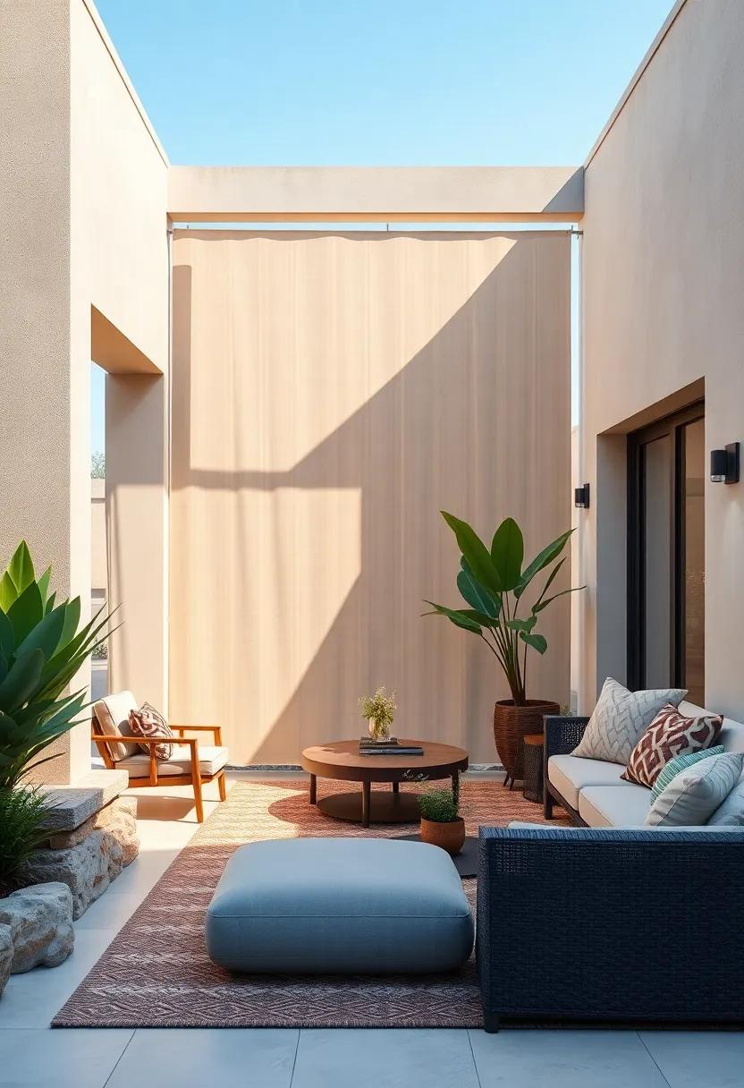 A peaceful front yard scene with solar screens harnessing sunlight and enfolding the area in gentle privacy
