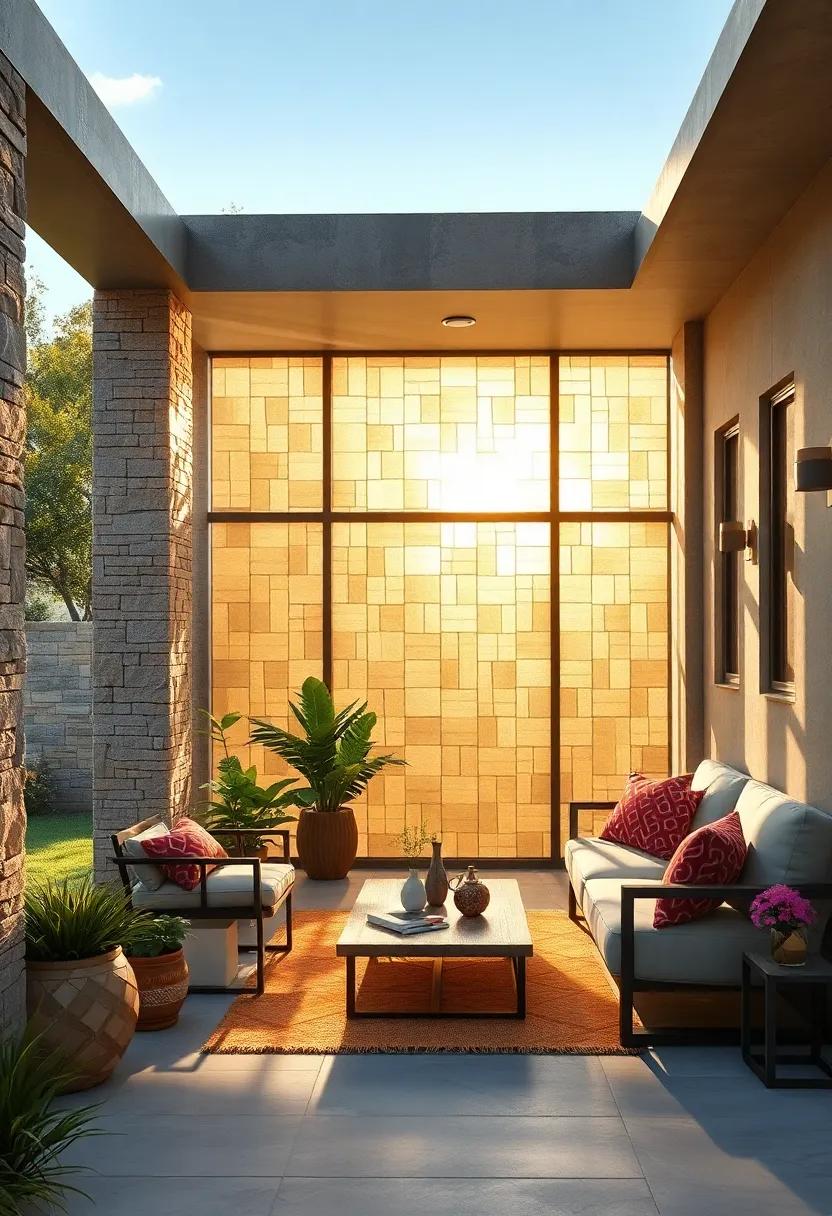 Sunlight filtering through artistic solar screen panels, creating a mosaic of light and shadow on a quiet front porch