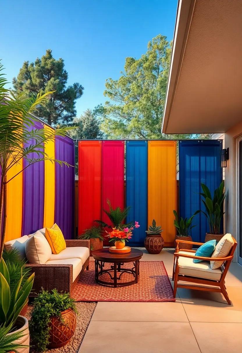 A row of colorful solar screens transforming a suburban front yard into a peaceful, private oasis