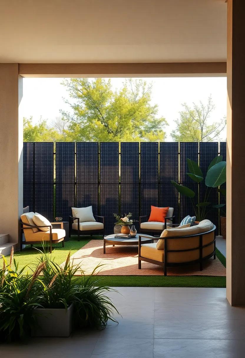 The interplay of sunlight and shadow on a front yard framed by elegantly designed solar energy partitions