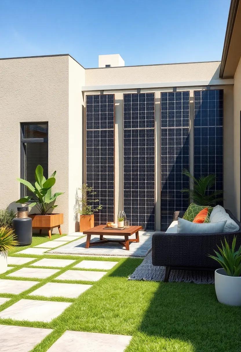 Solar panels arranged vertically along a residential front yard, casting decorative shadows that enhance privacy