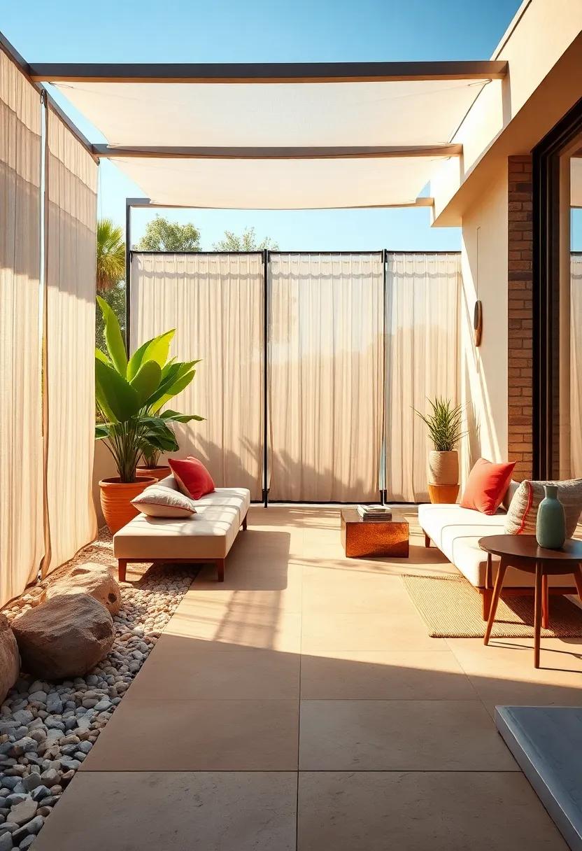 A sunlit pathway bordered by translucent solar screens that filter views and illuminate the front yard privacy features