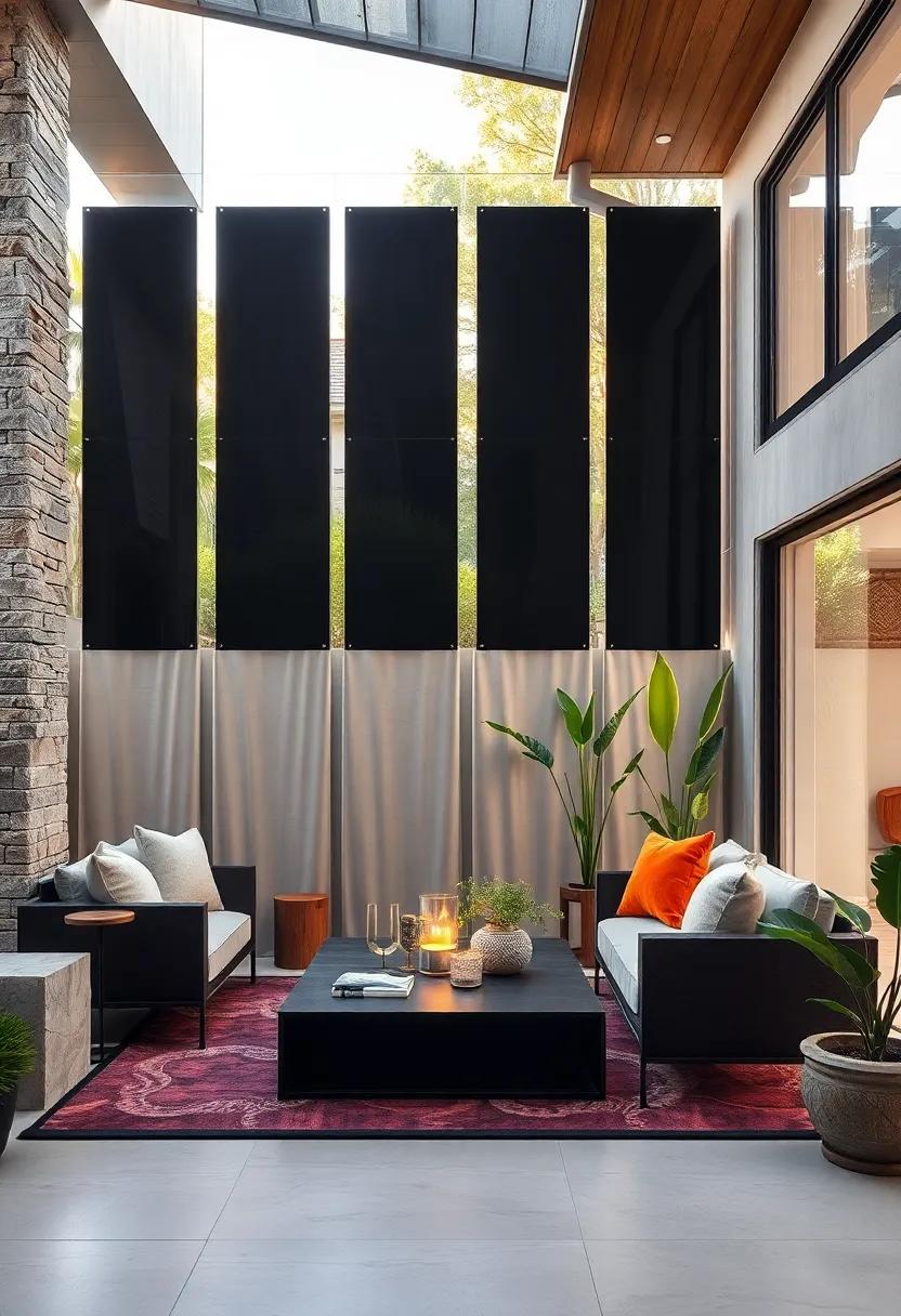 Artful solar screens standing tall in a front garden, their sleek surfaces reflecting the surrounding natural beauty