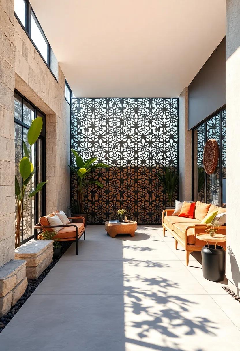 Solar screens with intricate cutouts casting dynamic patterns on a front yard walkway at midday