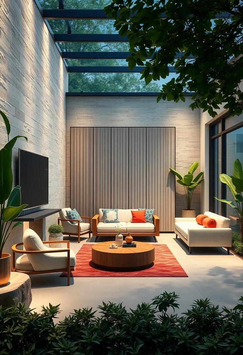 A front yard sanctuary surrounded by vibrant solar panels that subtly blend privacy with sustainable energy use