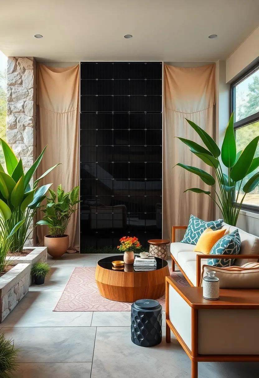 A modern front yard shielded by sleek solar screens casting playful shadows on the garden path