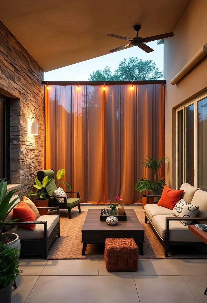 A cozy front yard patio protected from the street view by translucent solar panel screens glowing at dusk