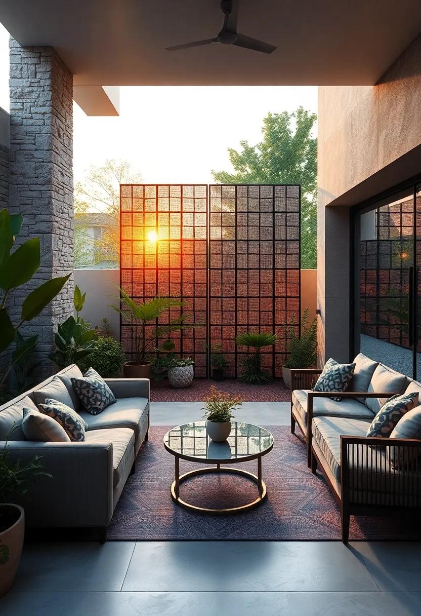 Patterned solar screens glowing softly as the sun sets behind a quiet, secluded front yard garden