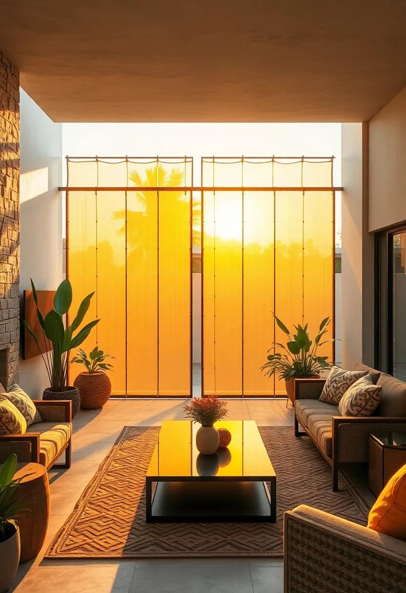 Geometric solar screens reflecting golden sunlight, providing privacy and energy efficiency in the front yard