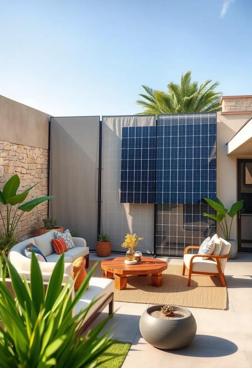 Layered solar screens in a front yard providing privacy while supporting a bright and sustainable living space