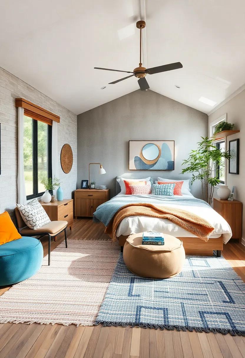 Textured Rugs and Cushions Defining Separate Zones Within An Open Concept Tiny House Bedroom
