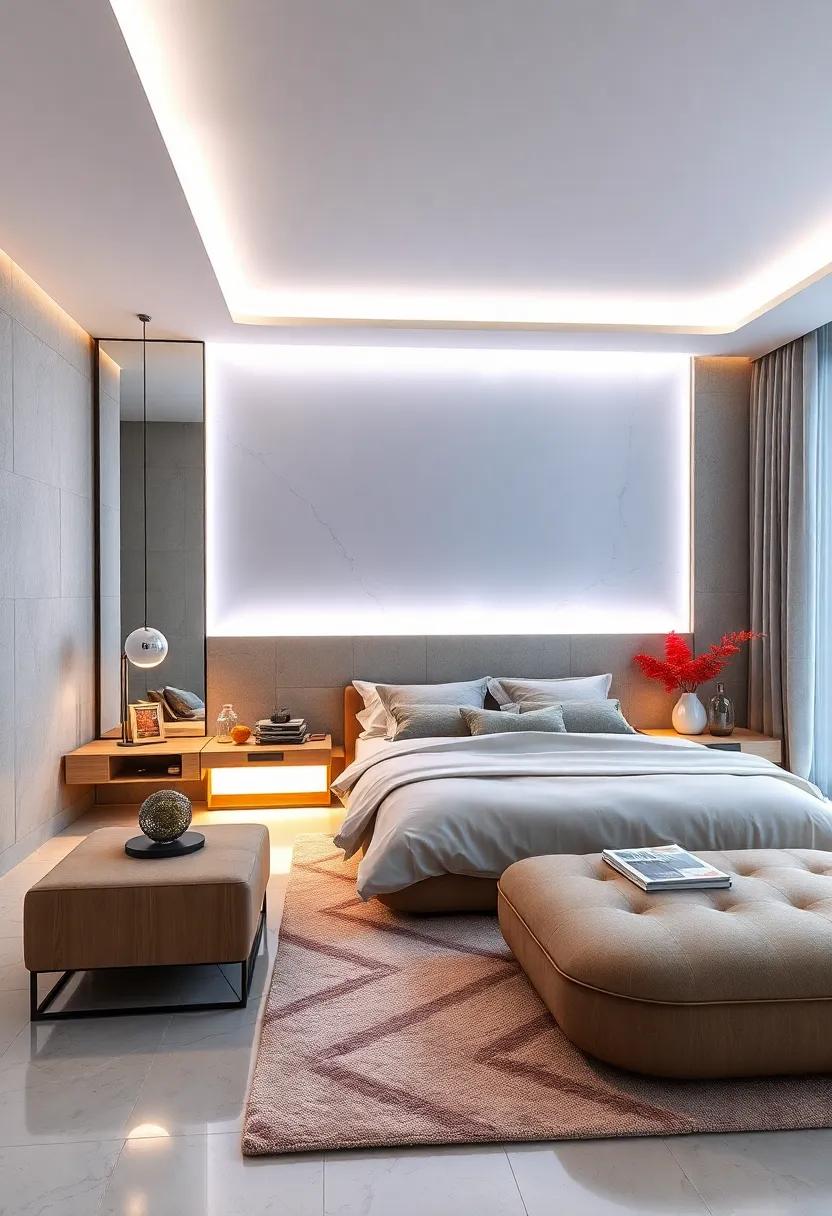 Futuristic Bedroom Designs Featuring Minimalist Sleek Furniture Enhanced by Integrated LED Lighting Systems