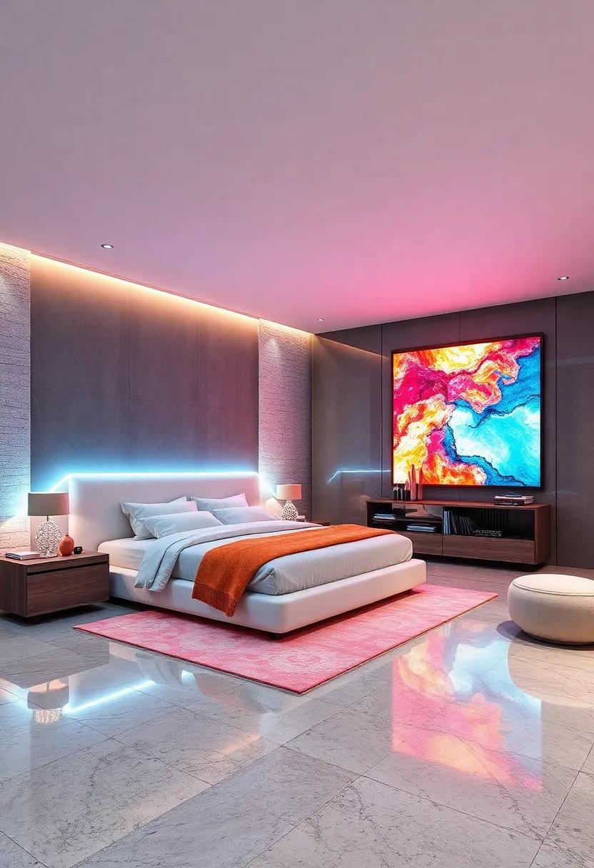 Curated LED Art Panels Complementing Sleek Bedroom Furniture and Adding Vibrant Visual Focal Points
