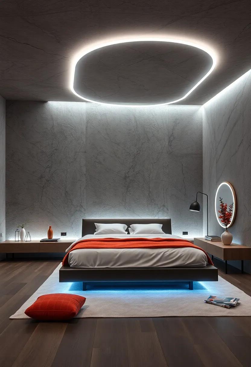 Floating Bed Frames with Underlighting Creating a Levitation Effect in a Contemporary Bedroom