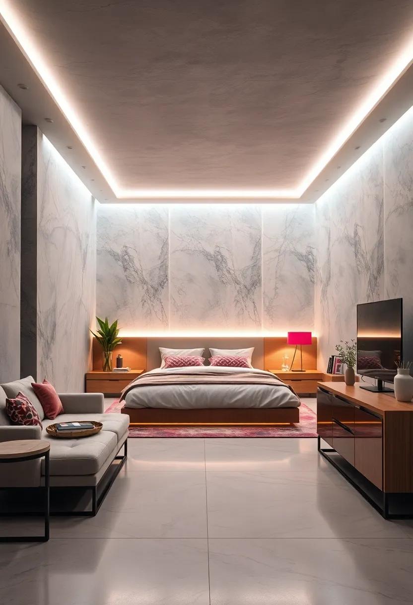 Soft Ambient Glow from LED Strips Highlighting Clean Lines and Modern Bedroom Furniture Pieces