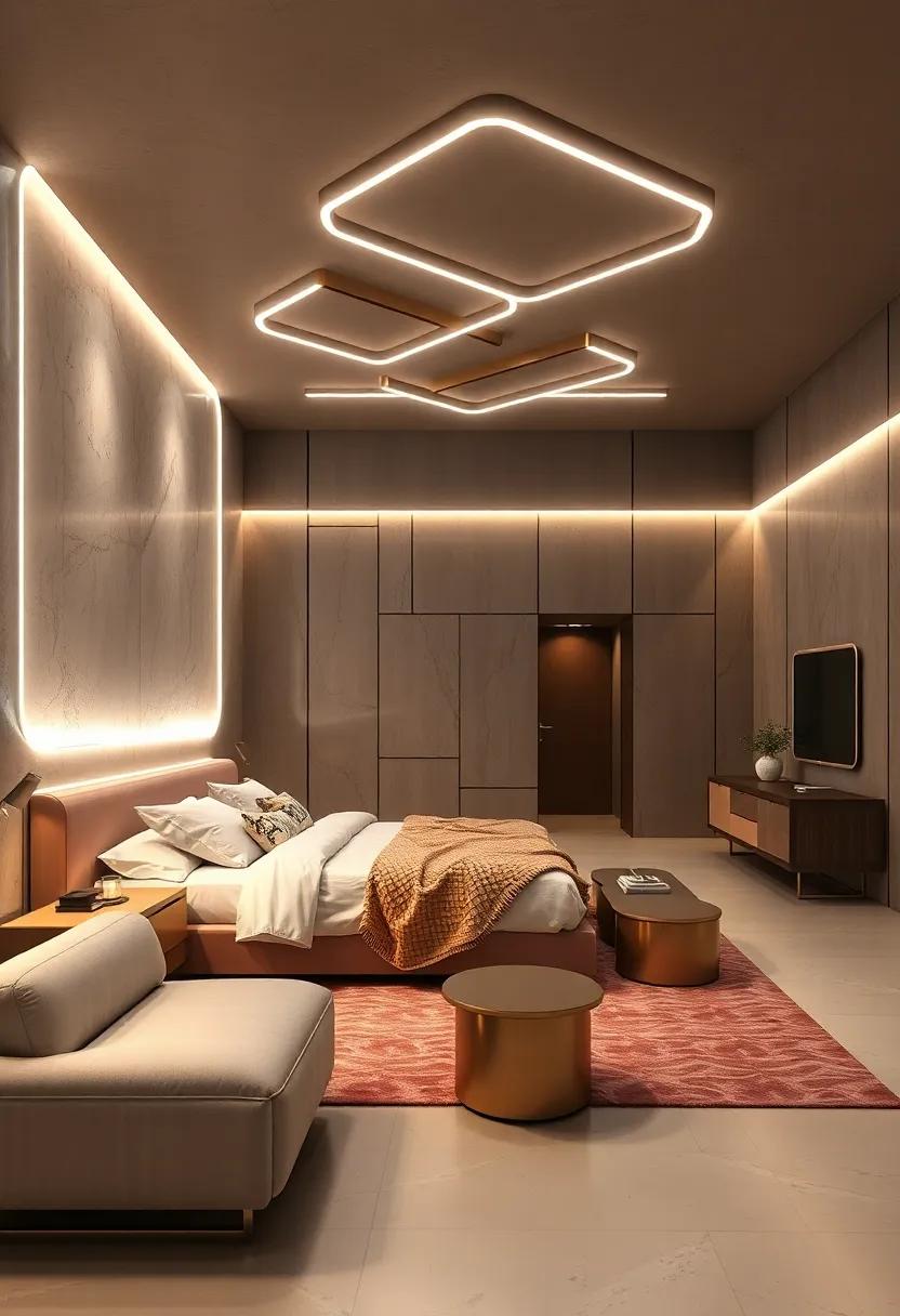 Geometric LED Light Fixtures Blending Seamlessly with Streamlined Furniture Forms and Metallic Finishes