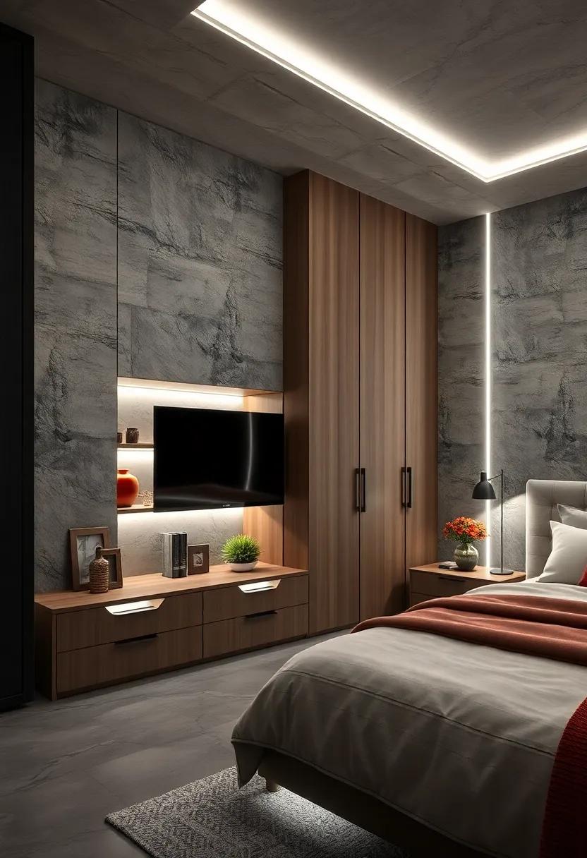 Recessed LED Lighting Illuminating Hidden Shelves and Drawers Within Sleek Bedroom Storage Units