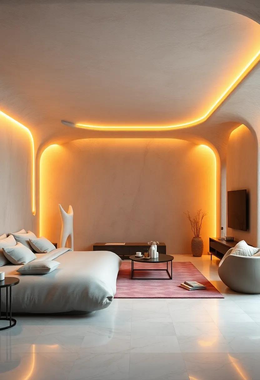 Organic Shapes of Sleek Furniture Accentuated by Warm LED Highlights Creating Inviting Atmospheres