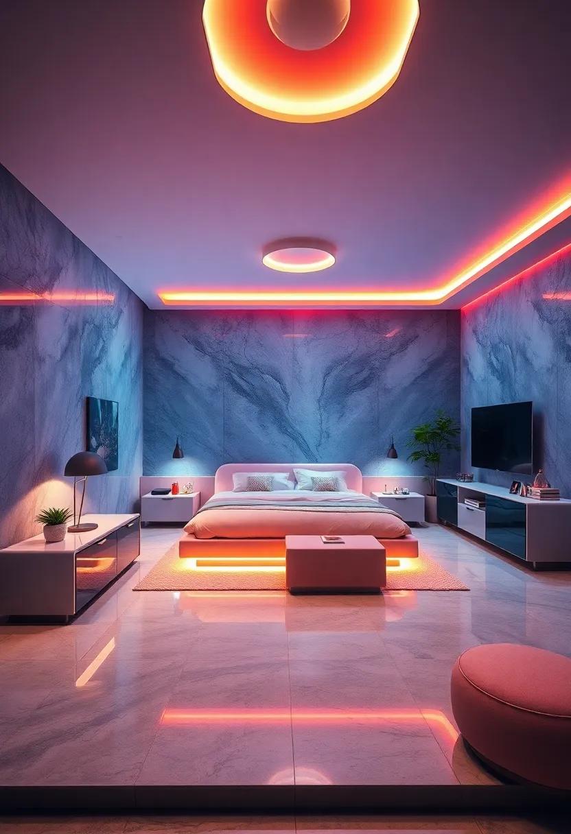 High-Gloss Surfaces Reflecting Dynamic LED Colors to Transform the Bedroom Ambiance Effortlessly