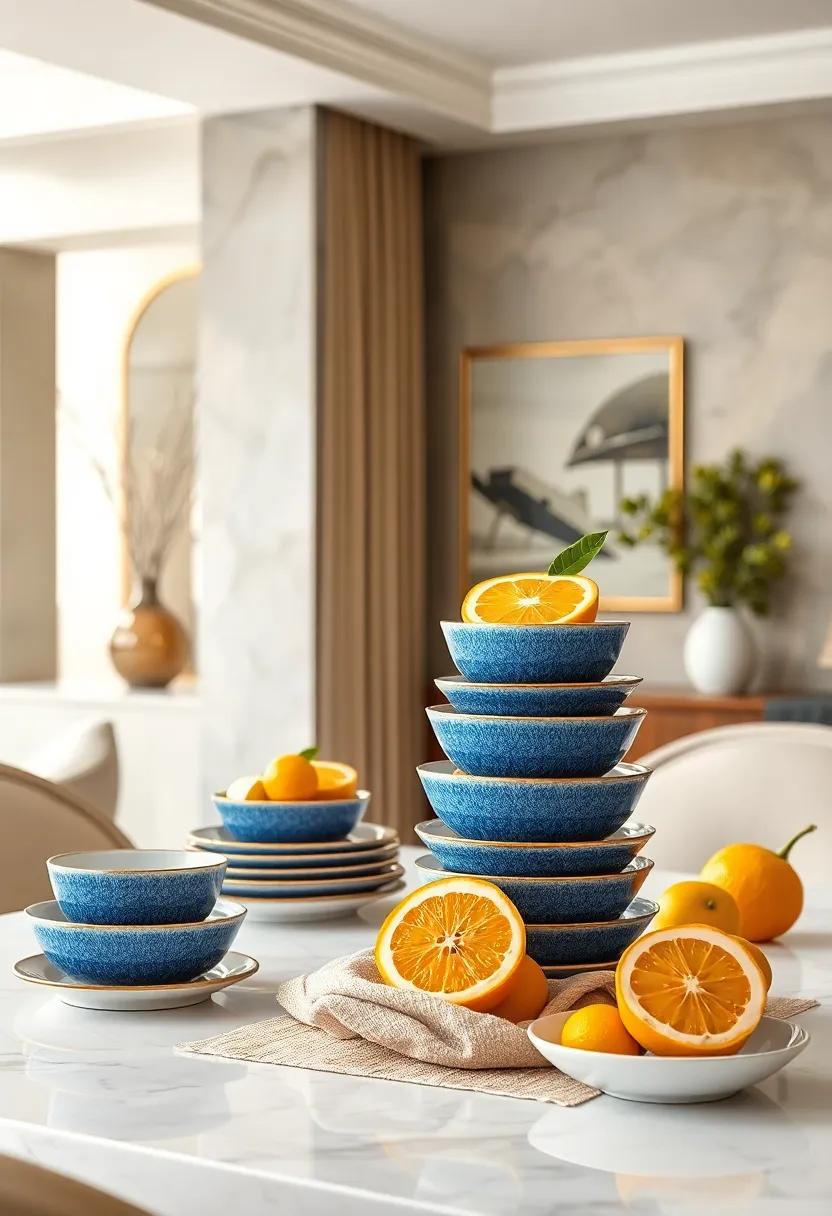 Classic Blue and Gold Porcelain Dishes Stacked Elegantly with Fresh Citrus Garnishes on a Bright Table