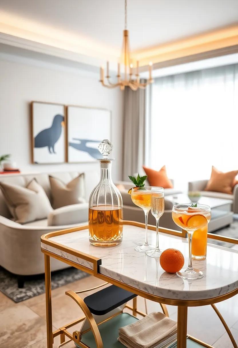 Gold Accented Crystal Decanters Resting on a Polished Marble Bar Cart Next to Fresh Citrus Cocktails