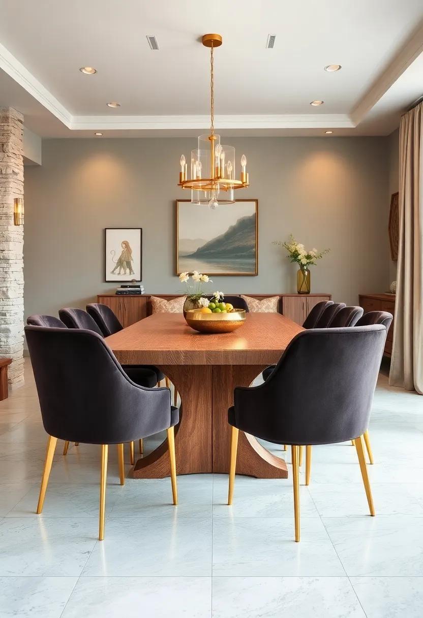 Luxurious Velvet Dining Chairs with Gold Legs Posed Around a Rustic Reclaimed Wood Table