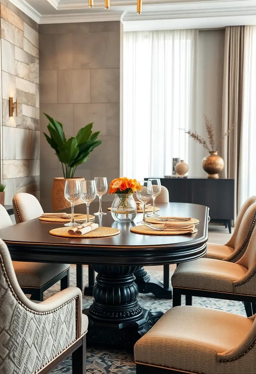 Reflective Gold Placemats Paired with Crystal Glassware on an Ornate Dark Walnut Table