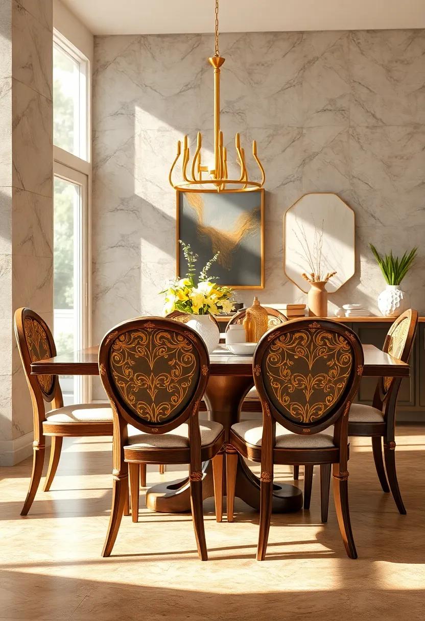 Intricate Gold Leaf Patterns Adorning Vintage Wooden Dining Chairs Highlighted by Natural Sunlight