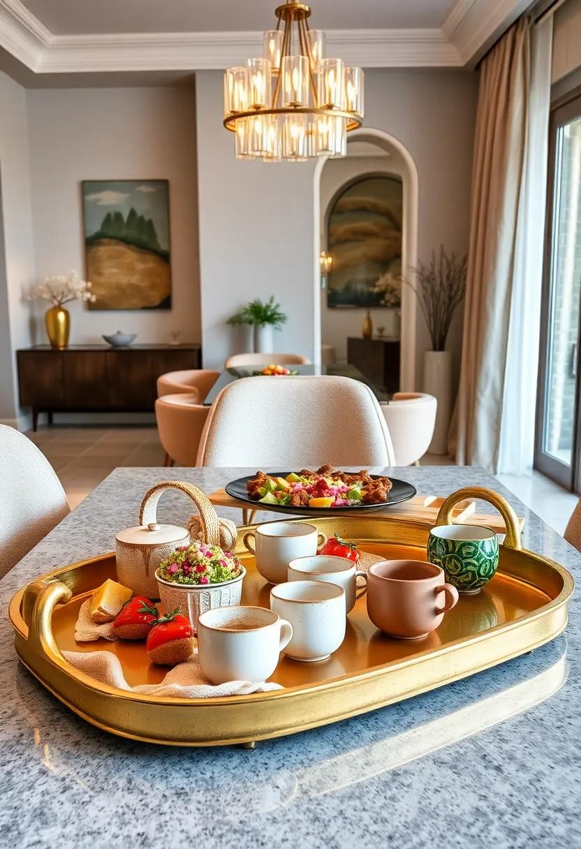 Vintage Gold Serving Trays Displaying an Array of Colorful Tapas and Handmade Ceramic Mugs