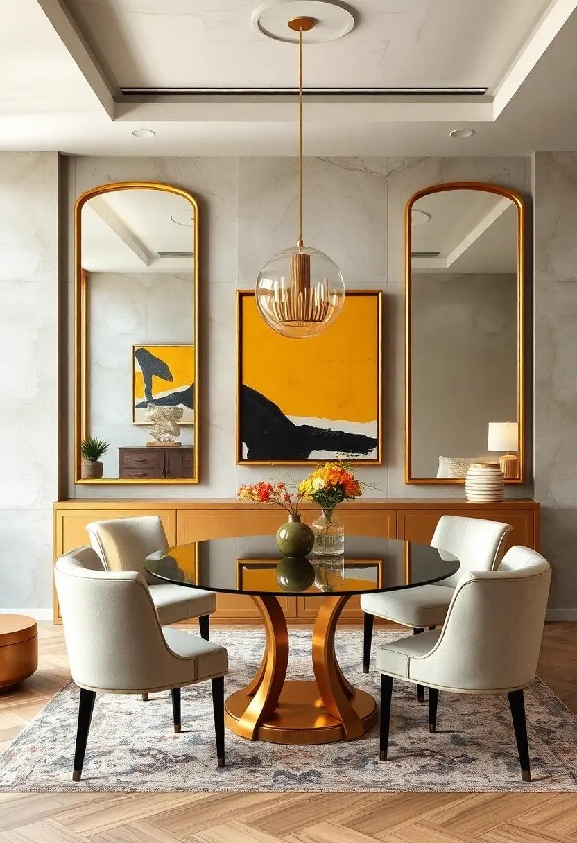 A Modern Dining Room Featuring Gold Frame Mirrors Reflecting Bold Art and Plush Seating