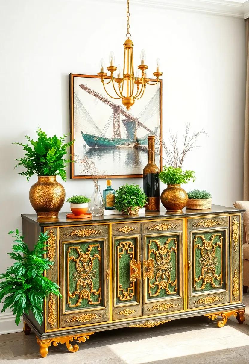 Ornate Gold Details on a Handcrafted Sideboard Overflowing with Fresh Herbs and Curated Decor