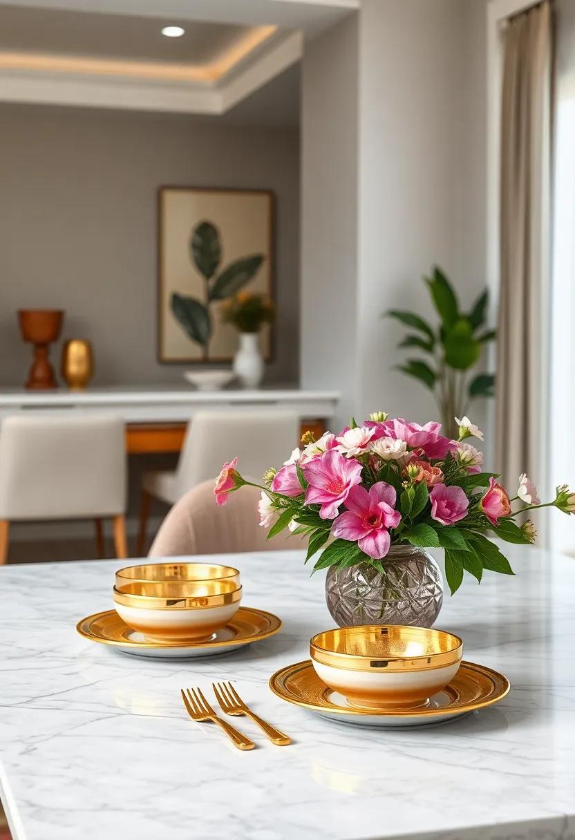 Elegant Gold Rimmed Dinnerware Arranged on a Classic Marble Surface with Fresh Seasonal Flowers